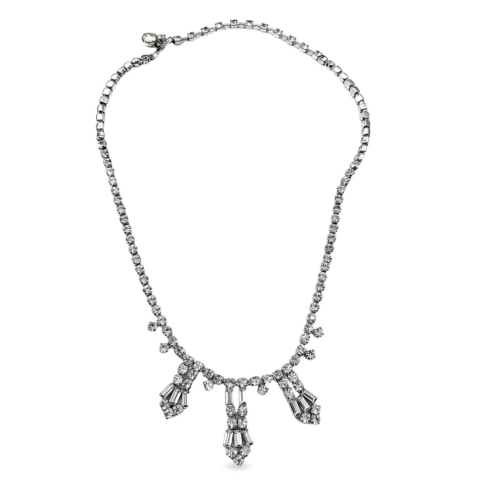 Vintage Sherman Signed Clear Rhinestone Bib Necklace Baguette Drops Canada 1950s